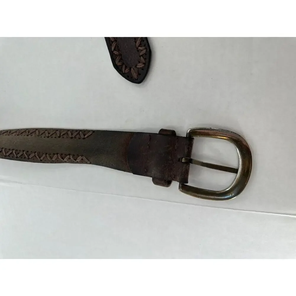 Vtg Belt Mens Cowhide Soft Leather Edge Stitch Brown Cowboy Rodeo Western Sz 40‌